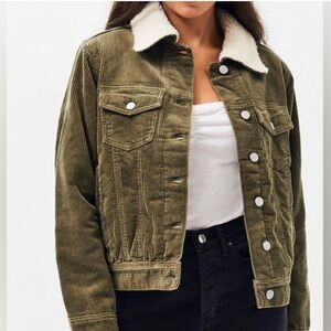 Pacsun Olive Green Corduroy Trucker Jacket with Sherpa Lining and Collar